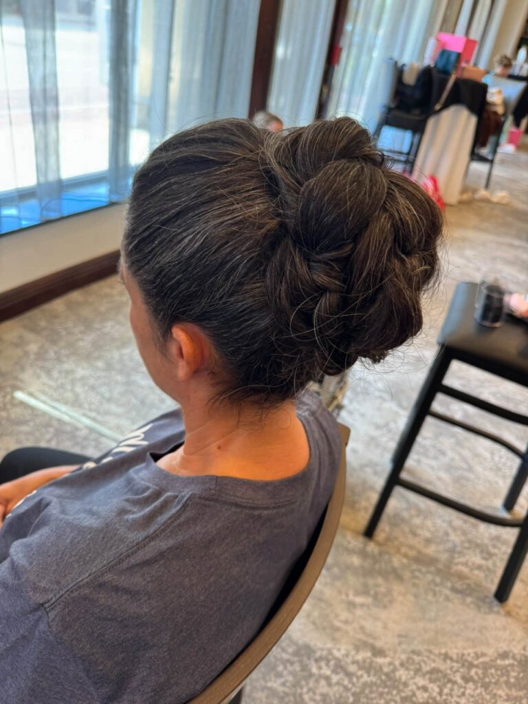 Dark braided updo viewed from behind