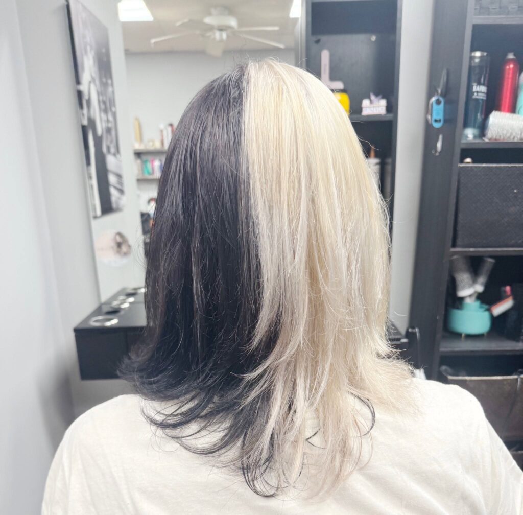 Half-black and half-platinum hair color