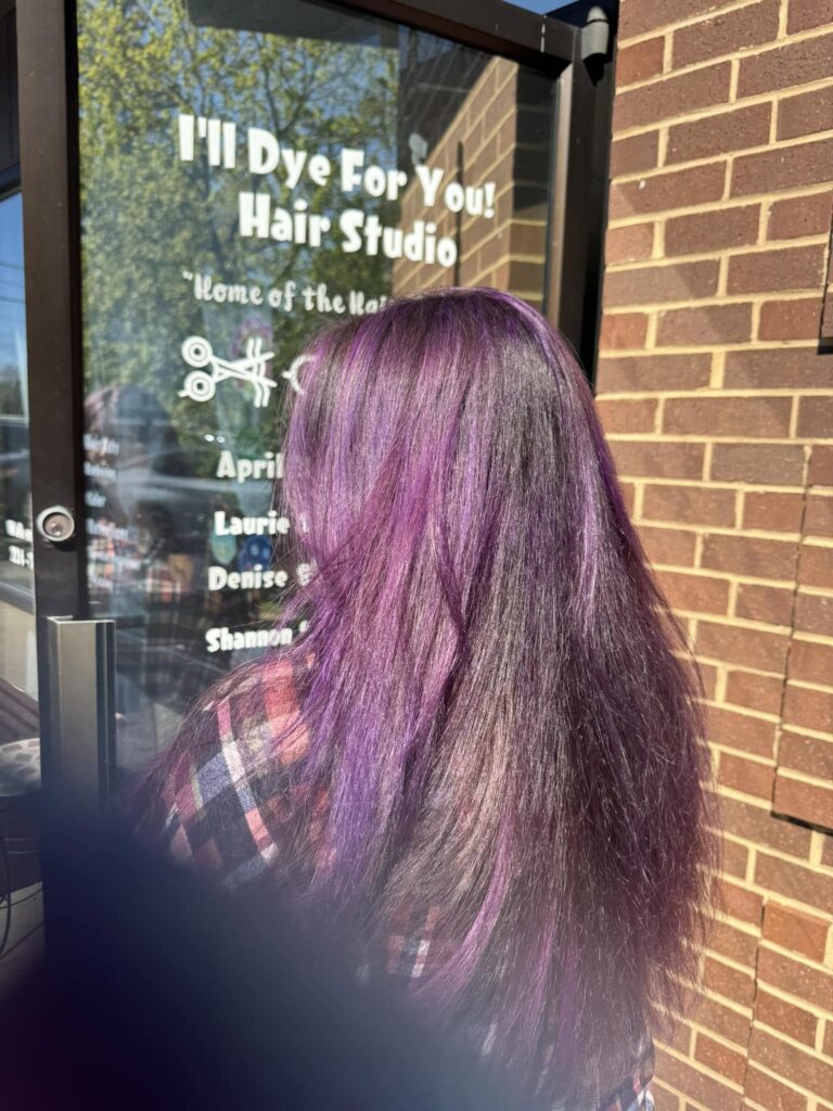 Purple dimensional hair viewed from behind