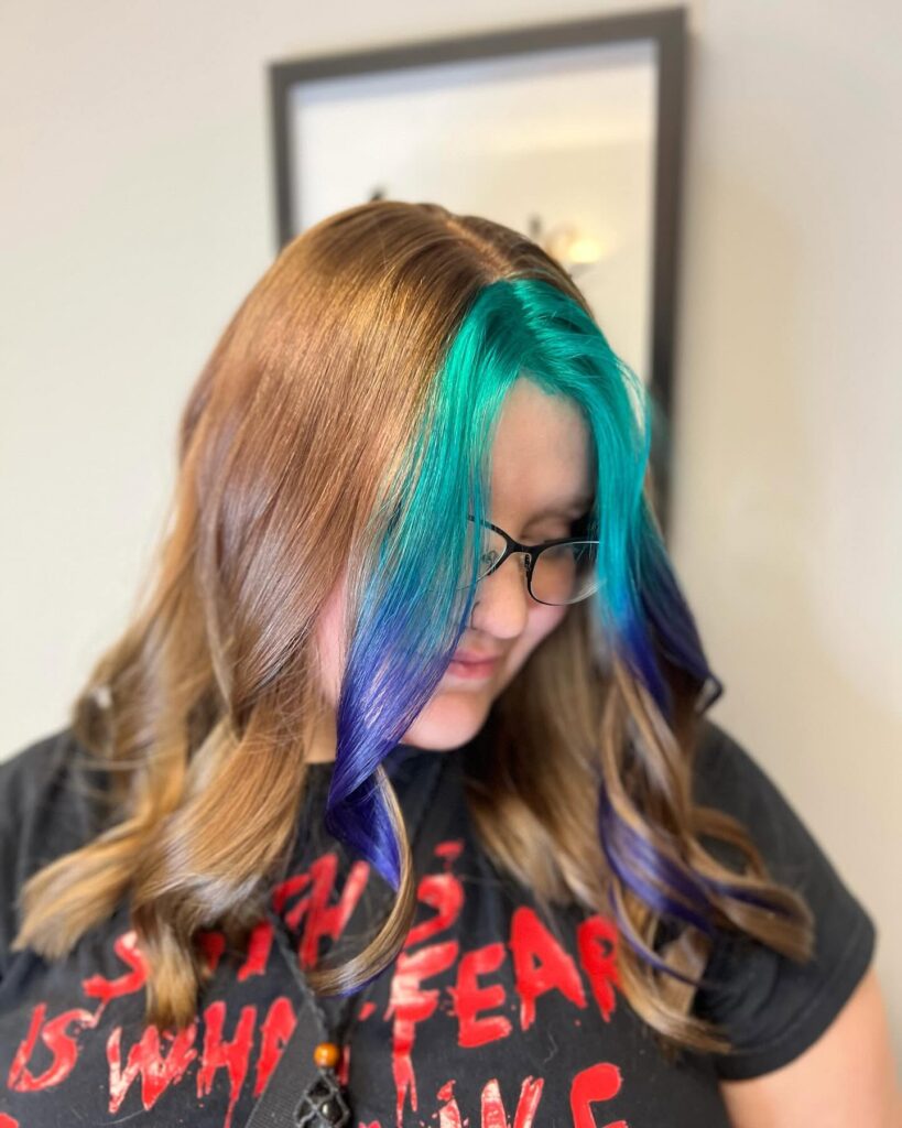 Teal and purple face-framing color