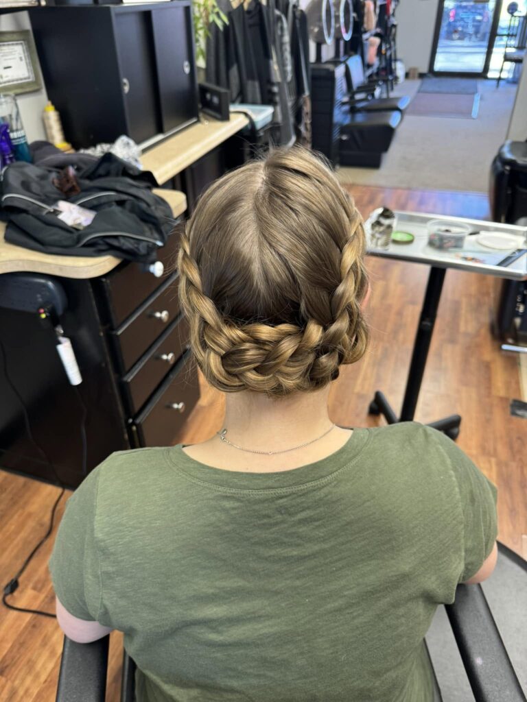 Braided crown hairstyle viewed from behind